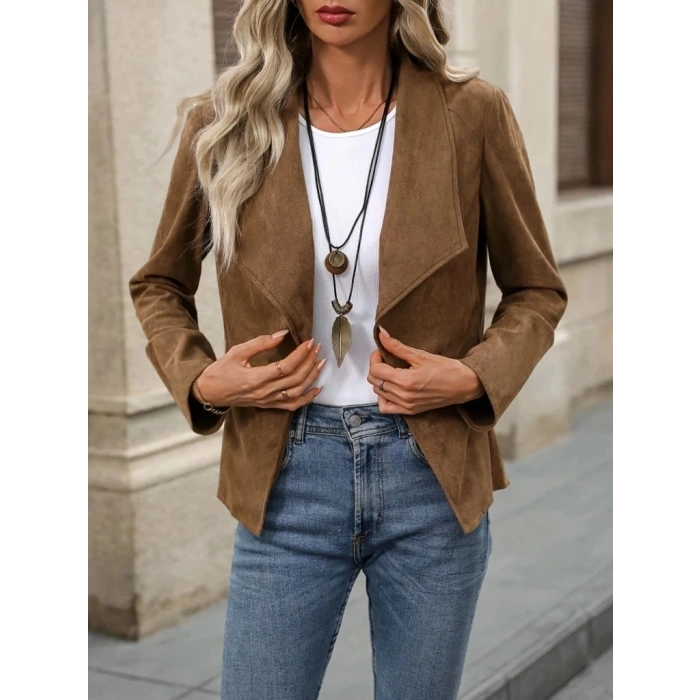 Kadın Uzun Kollu önü Açık Yakalı Süet Ceket