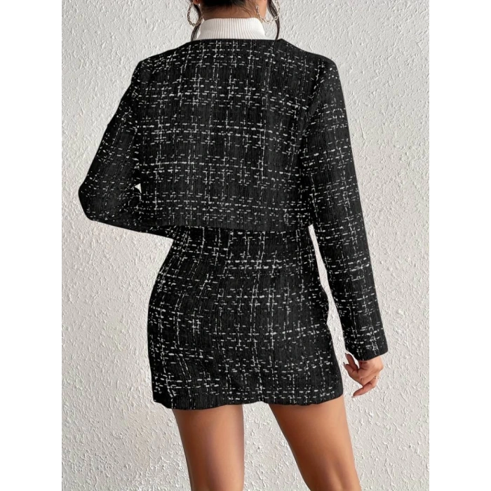 Kadın Uzun Kollu önü Düğmeli şanel Ceket Ve Etek Takım