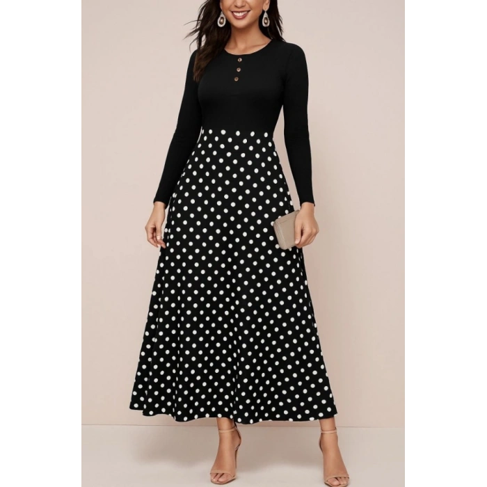 Kadın Uzun Kollu önü Düğmeli Viskon Bluz Eteği örme Maxi Krep Elbise