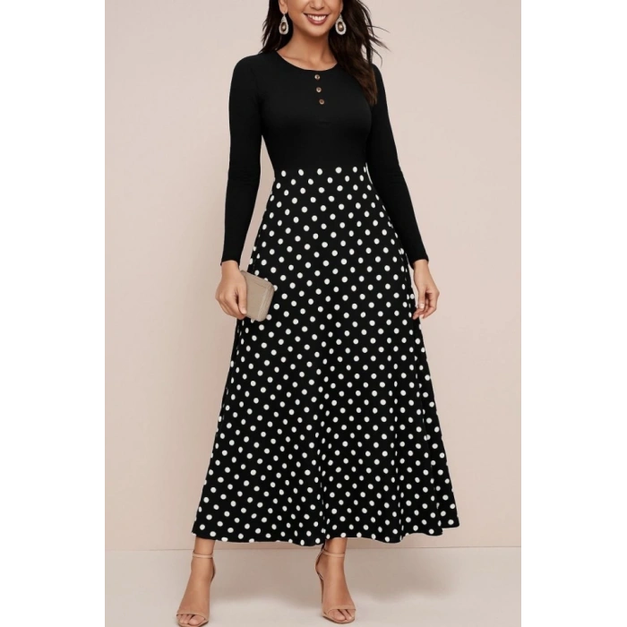 Kadın Uzun Kollu önü Düğmeli Viskon Bluz Eteği örme Maxi Krep Elbise