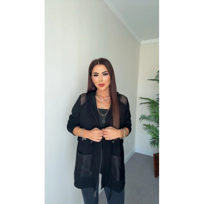 Kadın Uzun Kollu önü Fermuarlı File Detaylı Belden Bağcıklı Kısa Modal Ceket