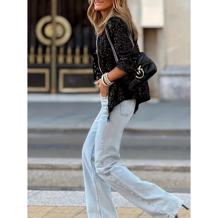 Kadın Uzun Kollu önü Fermuarlı Kısa Pulpayet Ceket