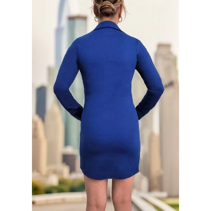 Kadın Uzun Kollu Polo Yaka ön Kısım çıtçıtlı Düğme Detay Scuba Krep Mini Boy Elbise