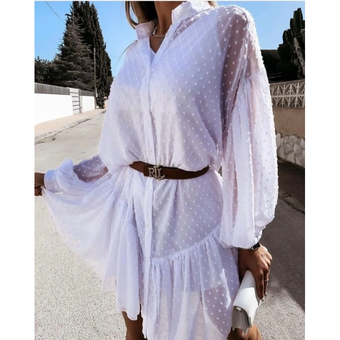 Kadın Uzun Kollu Puantiye Detay Gömlek Elbise