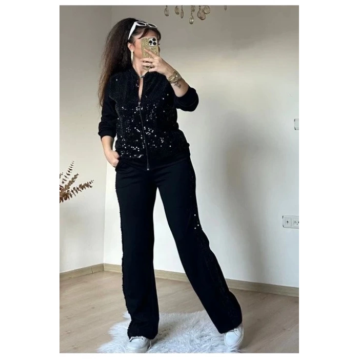 Kadın Uzun Kollu Pul Payet Detay Fermuarlı Iki Iplik Kumaş Ikili Takım