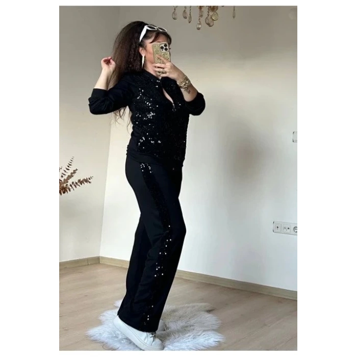 Kadın Uzun Kollu Pul Payet Detay Fermuarlı Iki Iplik Kumaş Ikili Takım