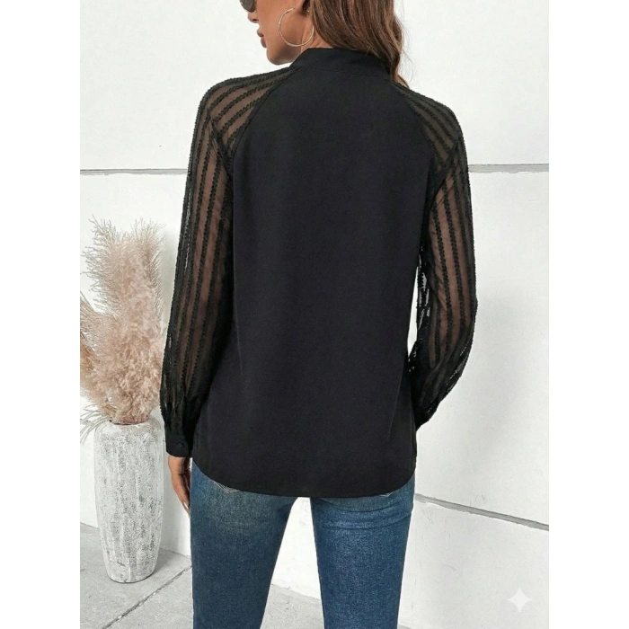 Kadın Uzun Kollu Reglan Kol Detaylı Tüllü Yakadan Bağlamalı Sandy Bluz