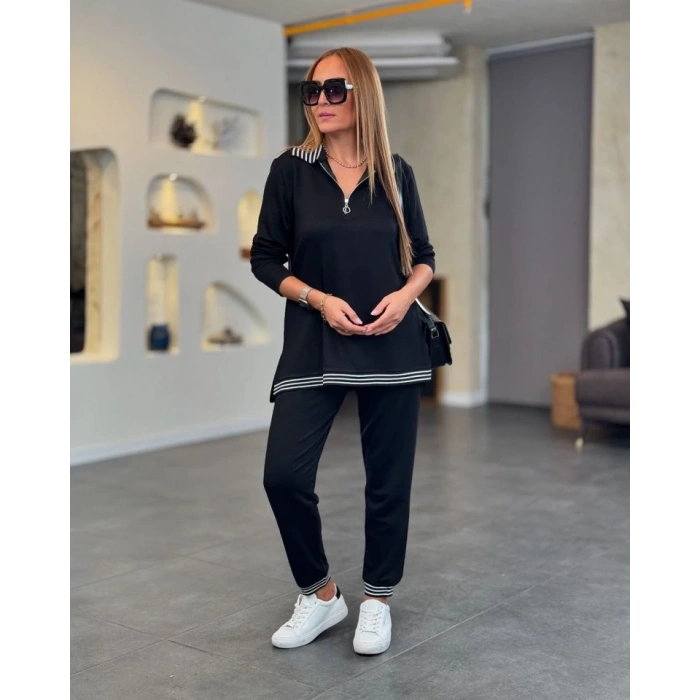 Kadın Uzun Kollu Ribana Ve Fermuar Detay Bluz Ve Yüksel Bel Pantolon 2li Takım