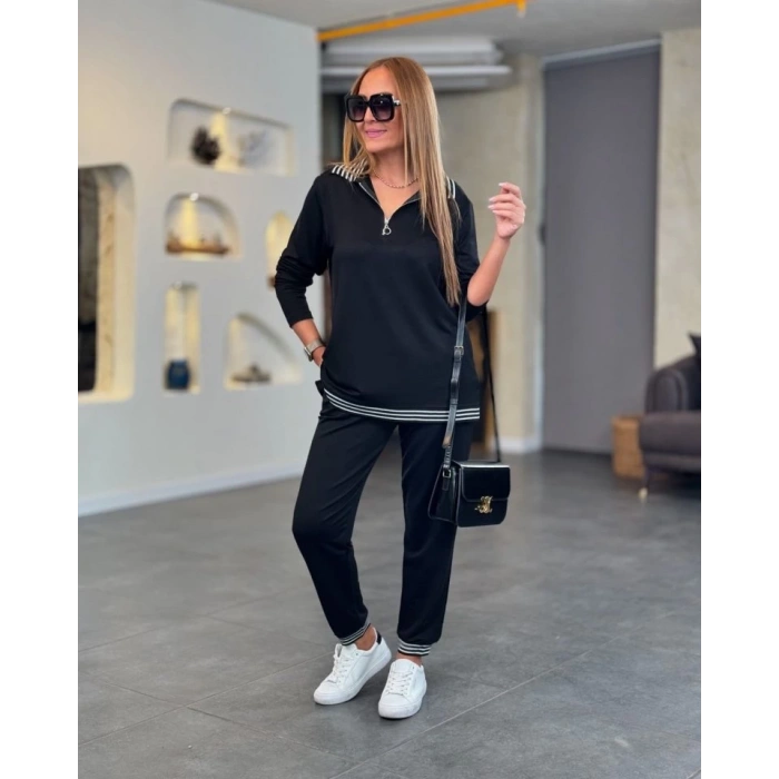 Kadın Uzun Kollu Ribana Ve Fermuar Detay Bluz Ve Yüksel Bel Pantolon 2li Takım