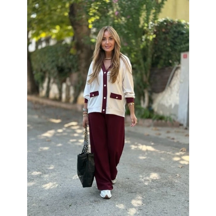 Kadın Uzun Kollu Ribanali Cep Detay Hırka Ve Bol Paça Pantolon Ikili Takım