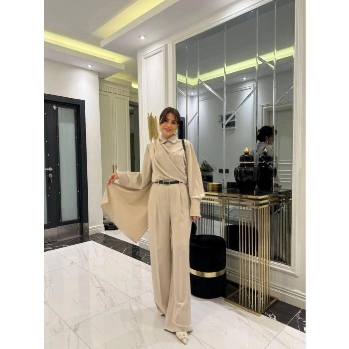 Kadın Uzun Kollu şal Detaylı Bluz Ve Pantolon Kemer Dahil Ikili Takım