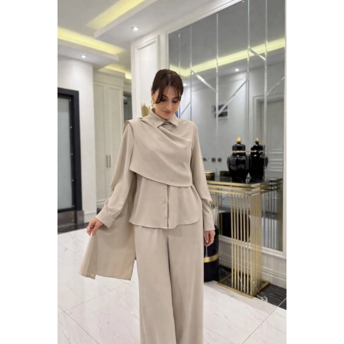 Kadın Uzun Kollu şal Detaylı Bluz Ve Pantolon Kemer Dahil Ikili Takım