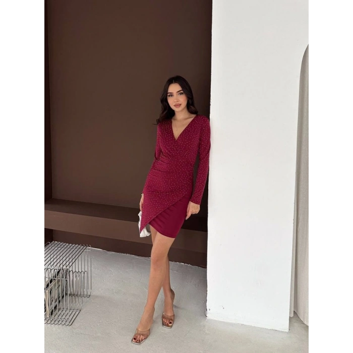 Kadın Uzun Kollu Taş Detay Mini Kruvaze Elbise