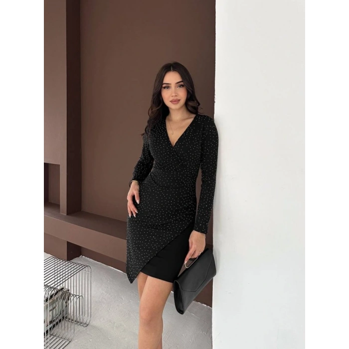 Kadın Uzun Kollu Taş Detay Mini Kruvaze Elbise