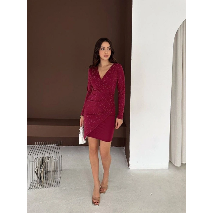 Kadın Uzun Kollu Taş Detay Mini Kruvaze Elbise