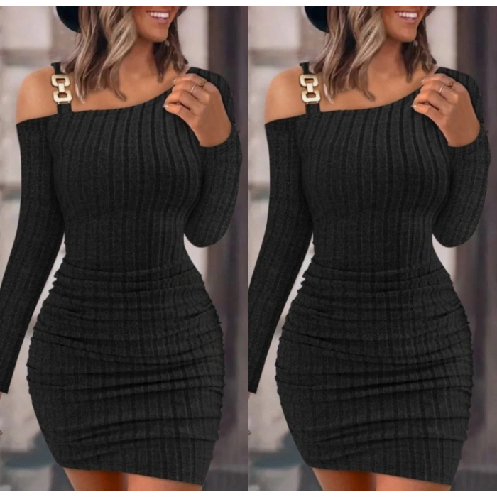 Kadın Uzun Kollu Tek Omuz Askı Detay Eteği Büzgülü şardonlu Kaşkorse Mini Elbise