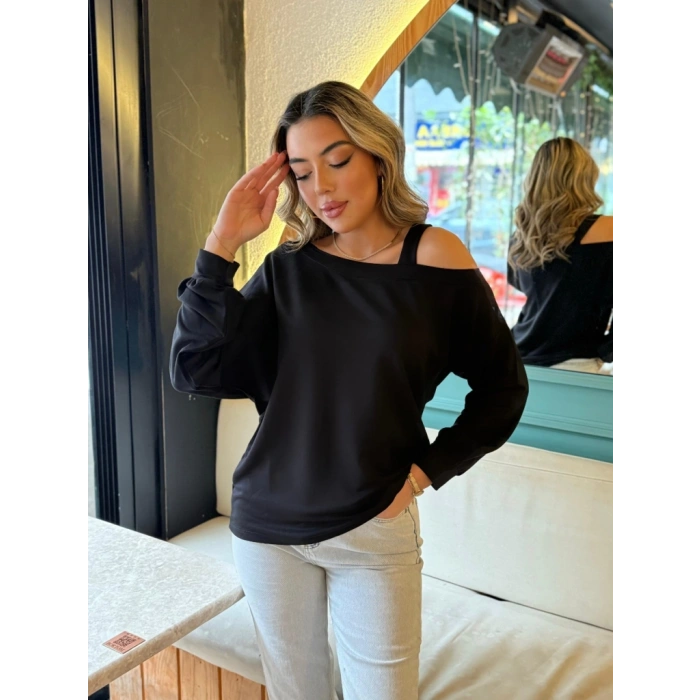 Kadın Uzun Kollu Tek Omuz Askı Detay Salaş Viskon Iki Iplik Bluz