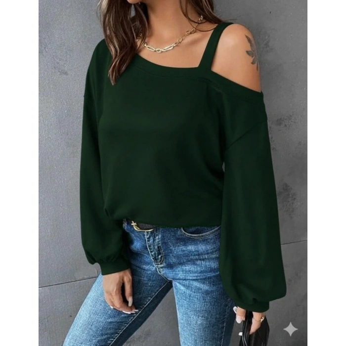 Kadın Uzun Kollu Tek Omuz Askı Detay Salaş Viskon Iki Iplik Bluz