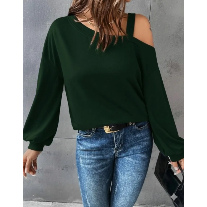 Kadın Uzun Kollu Tek Omuz Askı Detay Salaş Viskon Iki Iplik Bluz