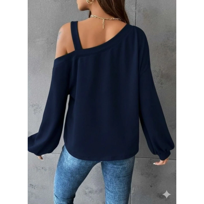 Kadın Uzun Kollu Tek Omuz Askı Detay Salaş Viskon Iki Iplik Bluz