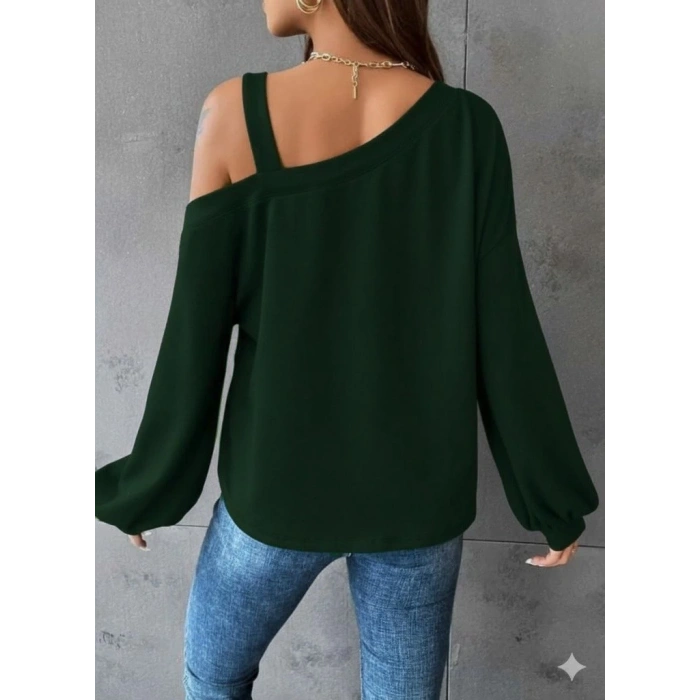 Kadın Uzun Kollu Tek Omuz Askı Detay Salaş Viskon Iki Iplik Bluz