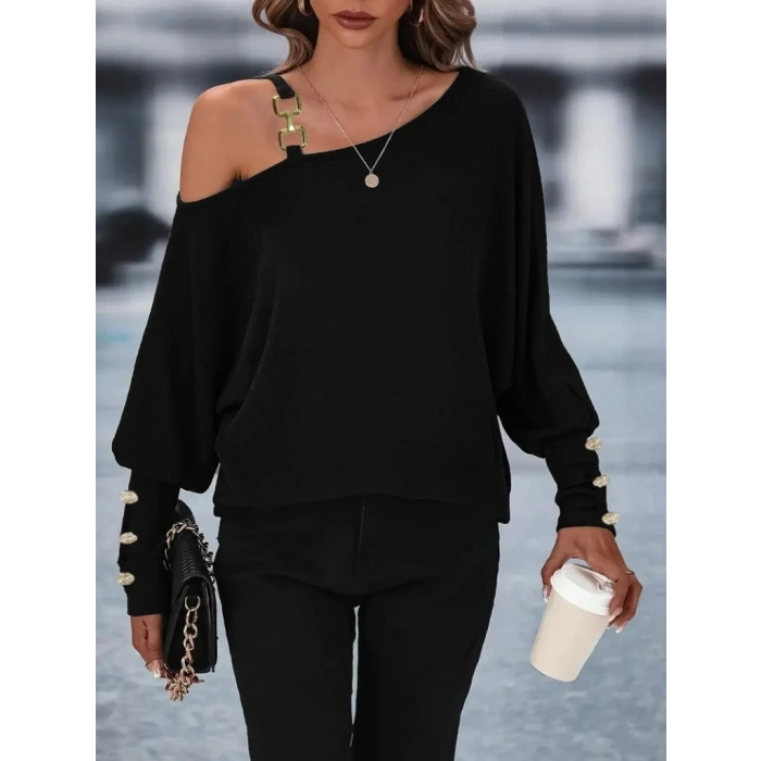 Kadın Uzun Kollu Tek Omuzdan Açık Askı Detaylı Waffle Bluz