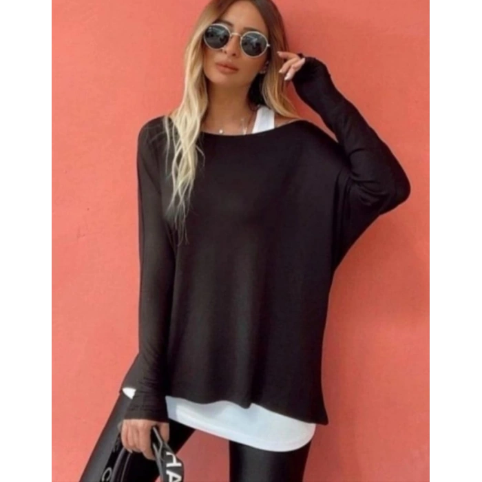 Kadın Uzun Kollu Tek Omuzdan Açık çilek Bluz Ve Viskon Atlet Ikili Takım