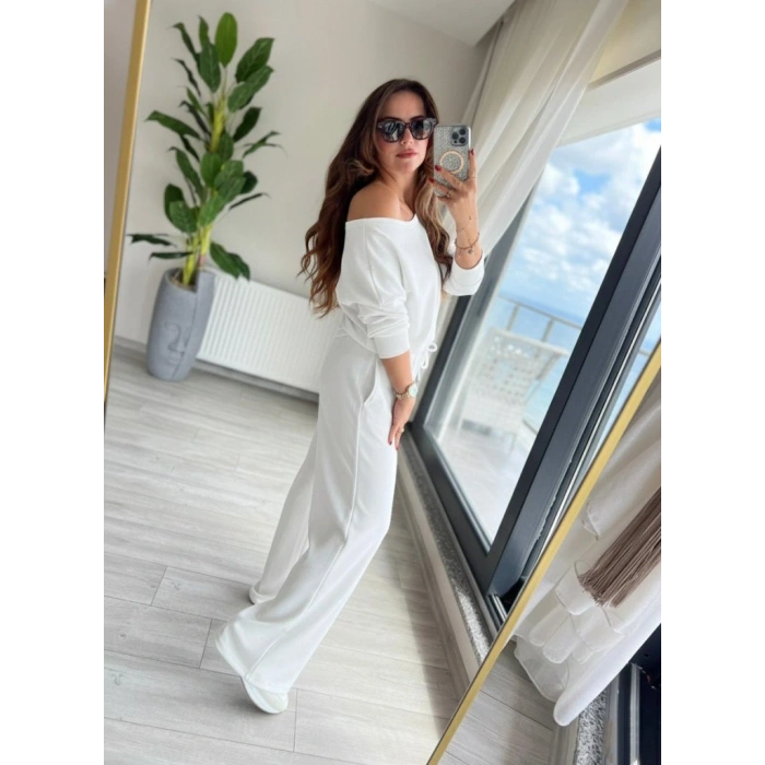 Kadın Uzun Kollu Tek Omuzdan Açık Dalgıç Bluz Ve Pantolon Ikili Takım