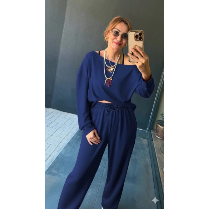 Kadın Uzun Kollu Tek Omuzdan Açık Viskon Iki Iplik Bluz Ve Pantolon Ikili Takım