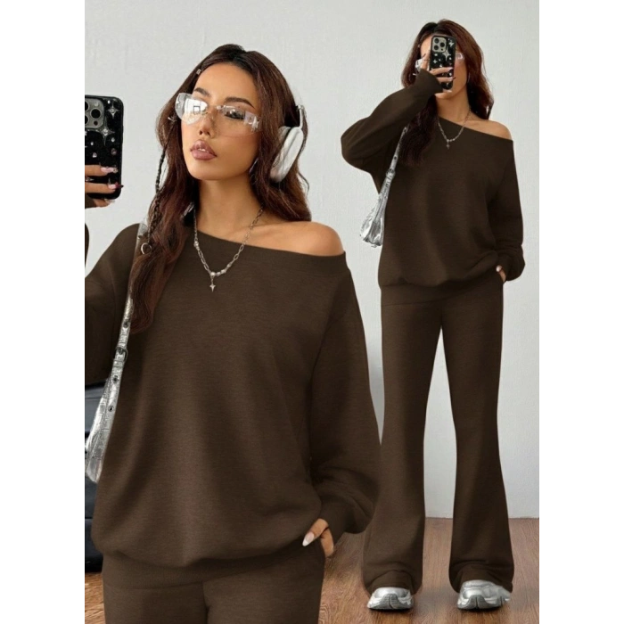Kadın Uzun Kollu Tek Omuzdan ıkmiki Iplik Bluz Ve Pantolon Ikili Takım