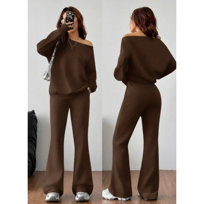 Kadın Uzun Kollu Tek Omuzdan ıkmiki Iplik Bluz Ve Pantolon Ikili Takım