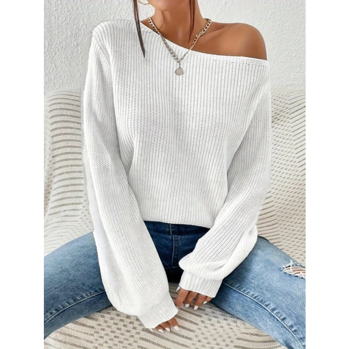 Kadın Uzun Kollu Tek Omuzu Açık Detaylı Triko Bluz