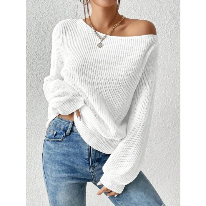 Kadın Uzun Kollu Tek Omuzu Açık Detaylı Triko Bluz