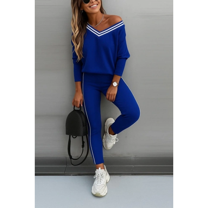 Kadın Uzun Kollu Tek Omuzu Açık Detaylı Viskon Iki Iplik Bluz Ve Pantolon Ikili Takım