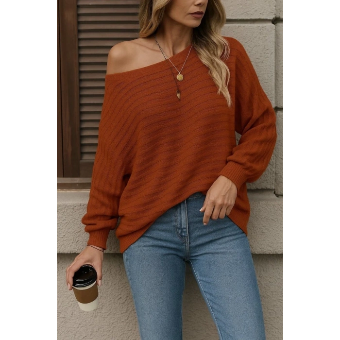 Kadın Uzun Kollu Tek Omuzu Açık Triko Bluz