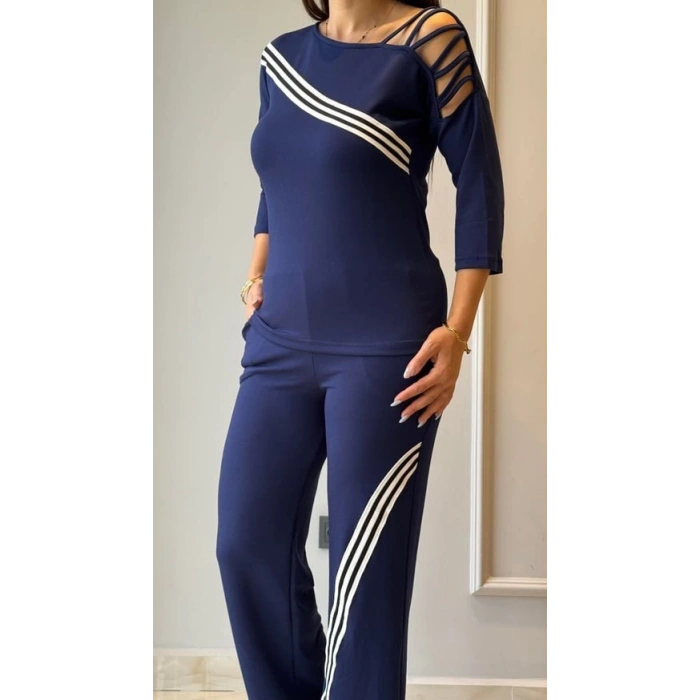 Kadın Uzun Kollu Truvakar Kol Tek Omuz çapraz şerit Detaylı Ribanalı Viskon Iki Iplik Bluz Ve Pantolon Ikili Takım