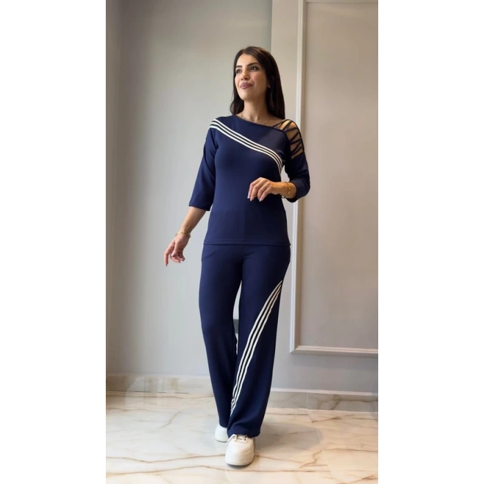 Kadın Uzun Kollu Truvakar Kol Tek Omuz çapraz şerit Detaylı Ribanalı Viskon Iki Iplik Bluz Ve Pantolon Ikili Takım