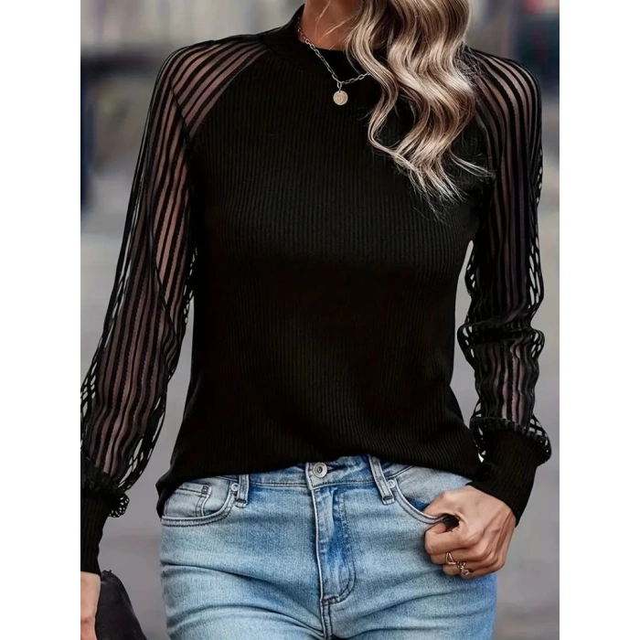 Kadın Uzun Kollu Tül Detaylı Bisiklet Yakalı Kaşkorse Bluz