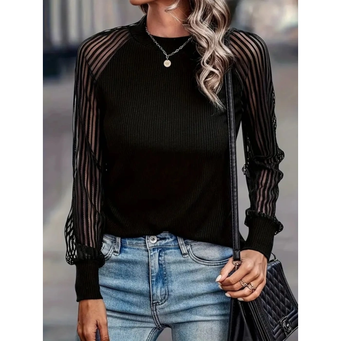Kadın Uzun Kollu Tül Detaylı Bisiklet Yakalı Kaşkorse Bluz