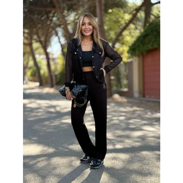 Kadın Uzun Kollu Tül Detaylı önü Düğmeli Viskon Iki Iplik Ceket Ve Pantolon Ikili Takım