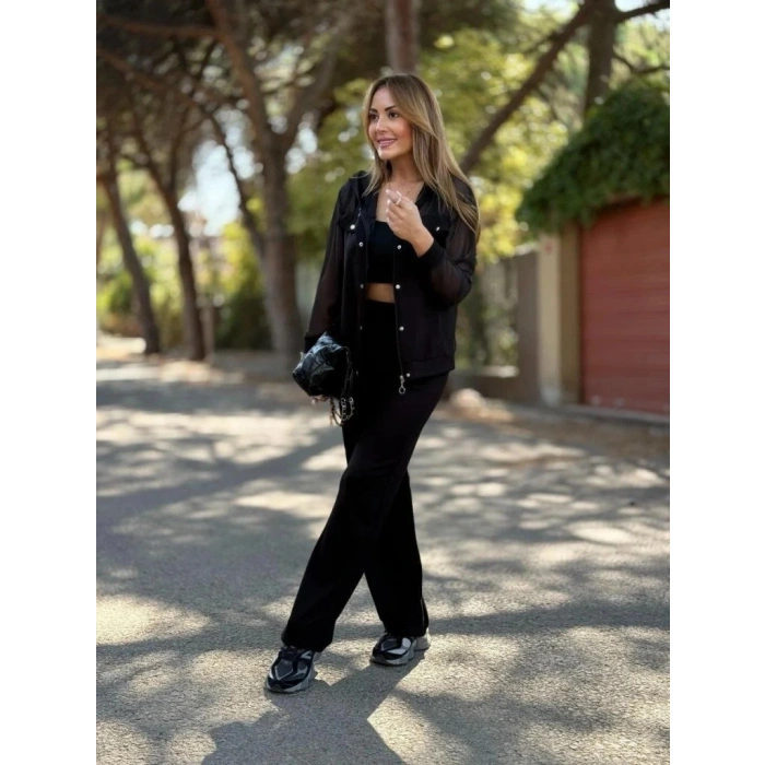 Kadın Uzun Kollu Tül Detaylı önü Düğmeli Viskon Iki Iplik Ceket Ve Pantolon Ikili Takım