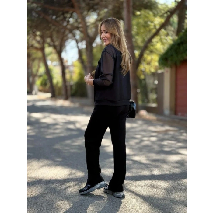 Kadın Uzun Kollu Tül Detaylı önü Düğmeli Viskon Iki Iplik Ceket Ve Pantolon Ikili Takım