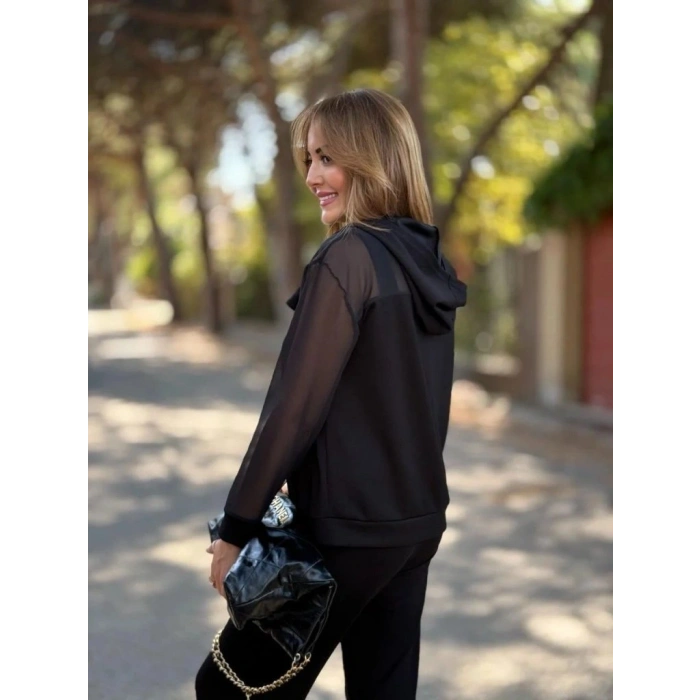 Kadın Uzun Kollu Tül Detaylı önü Düğmeli Viskon Iki Iplik Ceket Ve Pantolon Ikili Takım