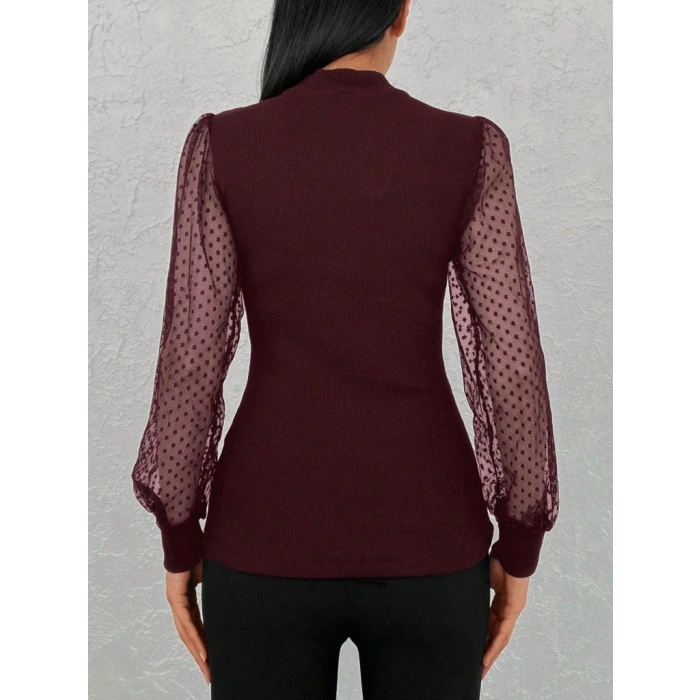 Kadın Uzun Kollu Tül Detaylı Yarım Balıkçı Yaka Kaşkorse Bluz