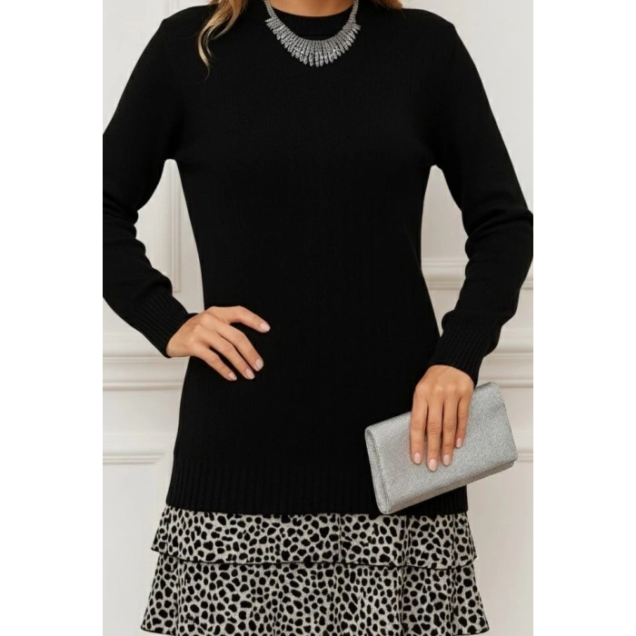 Kadın Uzun Kollu üst şardonlu Kaşkorse Alt Süprem Desenli Elbise