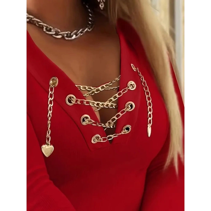 Kadın Uzun Kollu V çapraz Zincir Detaylı Kaşkorse Bluz