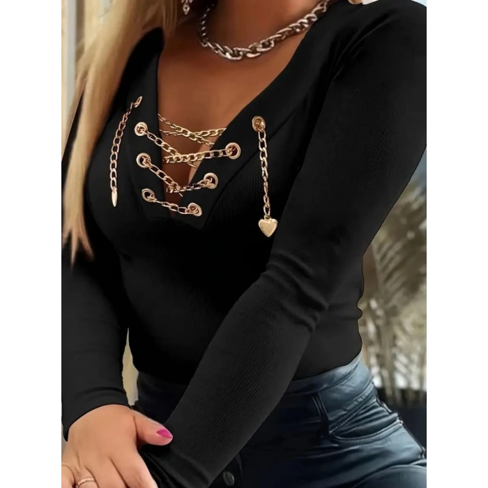 Kadın Uzun Kollu V çapraz Zincir Detaylı Kaşkorse Bluz