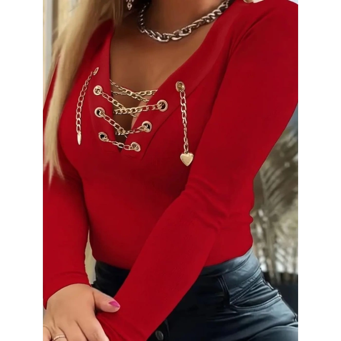 Kadın Uzun Kollu V çapraz Zincir Detaylı Kaşkorse Bluz