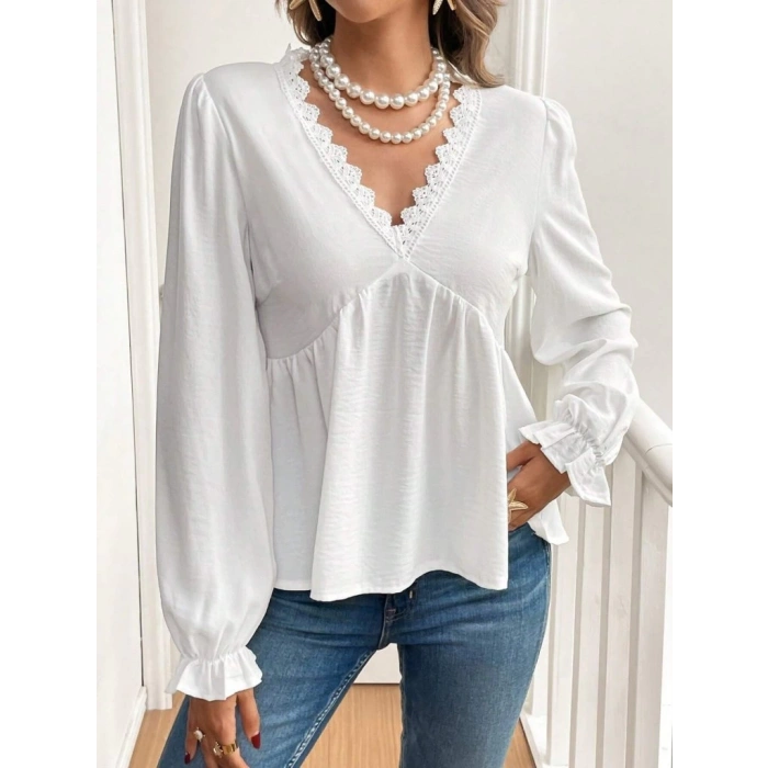 Kadın Uzun Kollu V Dantel Yaka Aerobin Bluz