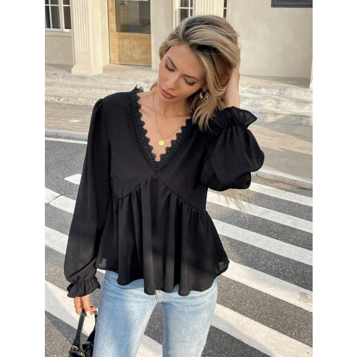 Kadın Uzun Kollu V Dantel Yaka Aerobin Bluz